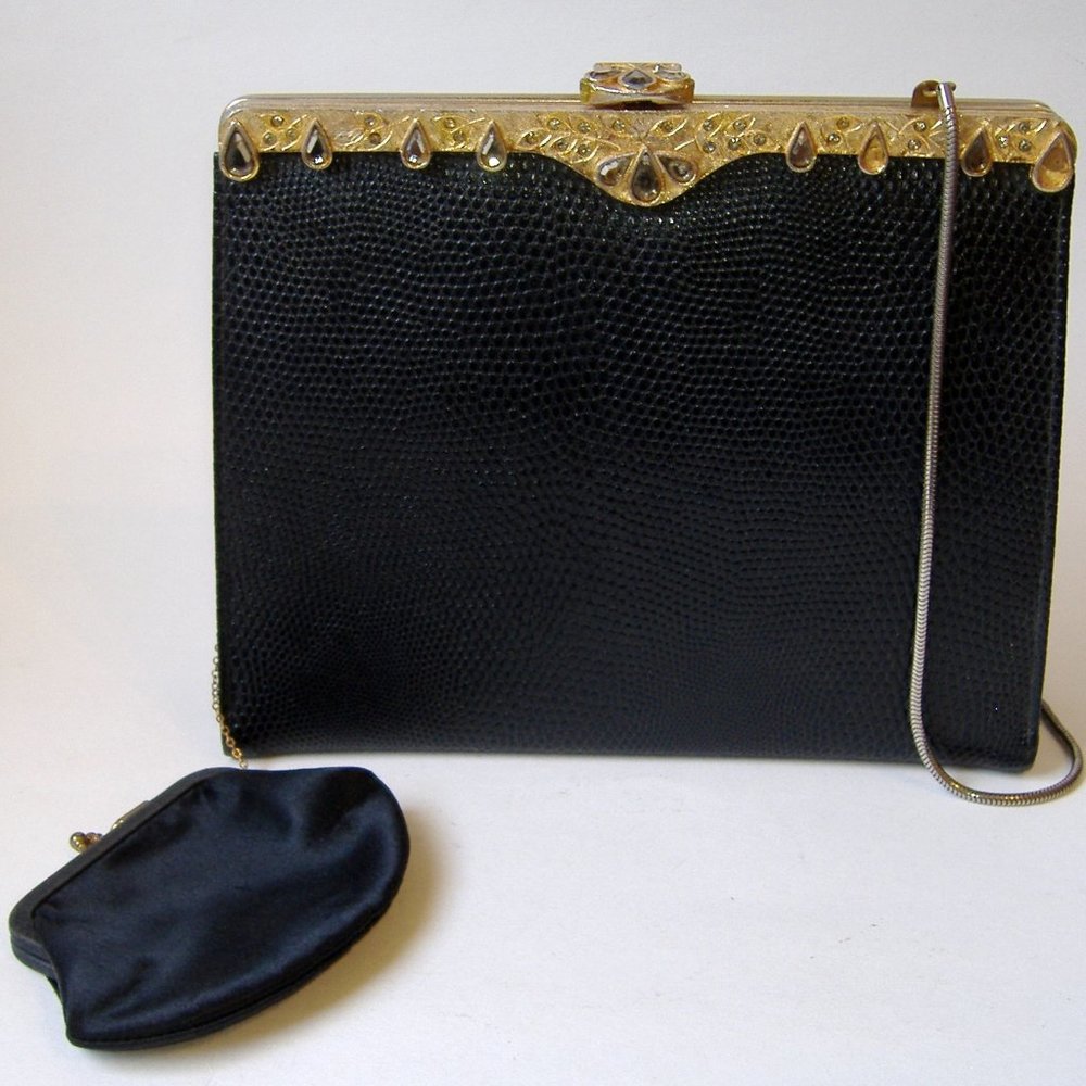 Vintage Black Gold Metal Evening Bag Clutch Handbag Rhinestone With Coin Purse